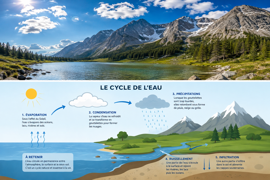 Un voyage permanent !
L’eau est une ressource essentielle à la vie.
Sur Terre, elle circule en permanence entre les océans, l’atmosphère, les sols, les rivières et les nappes souterraines.
Ce mouvement naturel et continu est appelé le cycle de l’eau.